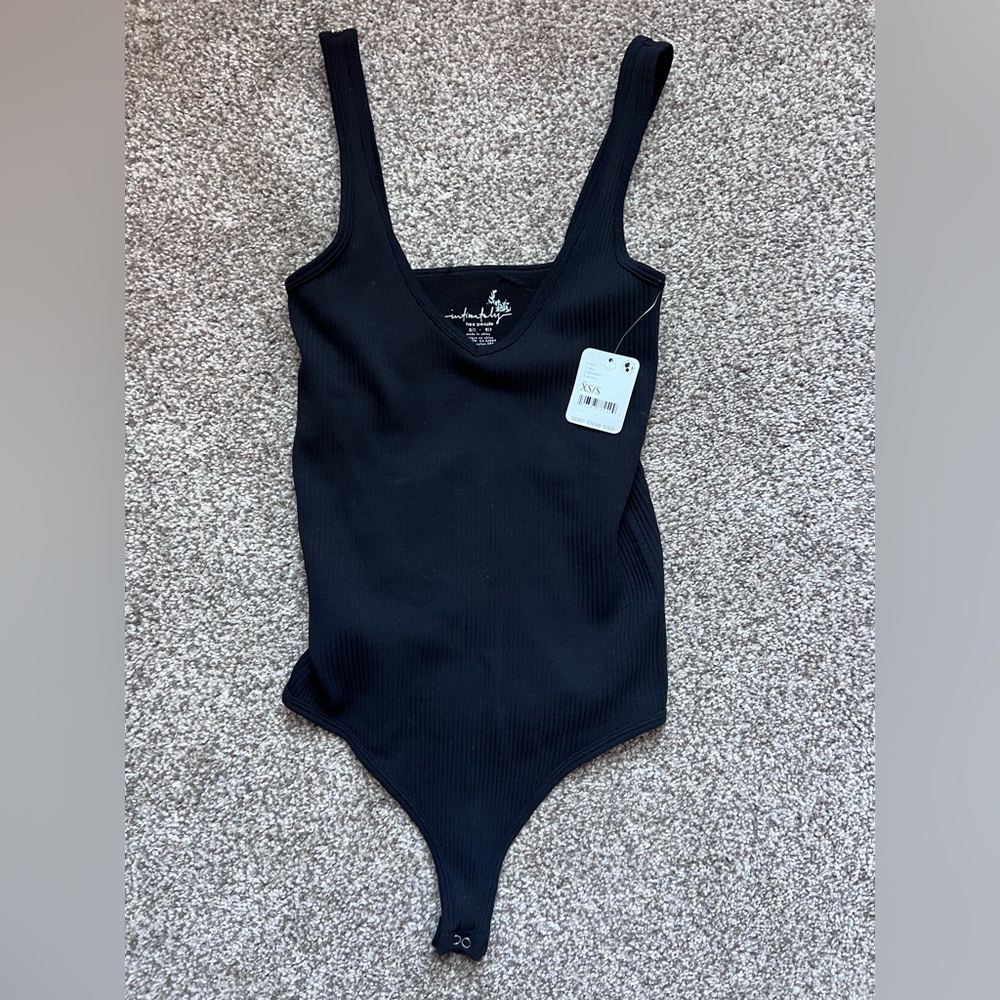 Free People Black Ribbed V-Neck Tank Bodysuit Size XS/S